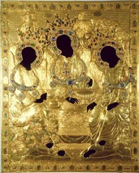 Oklad, or cover of the Trinity Icon (gold and silver with precious stones and pearls) (detail)